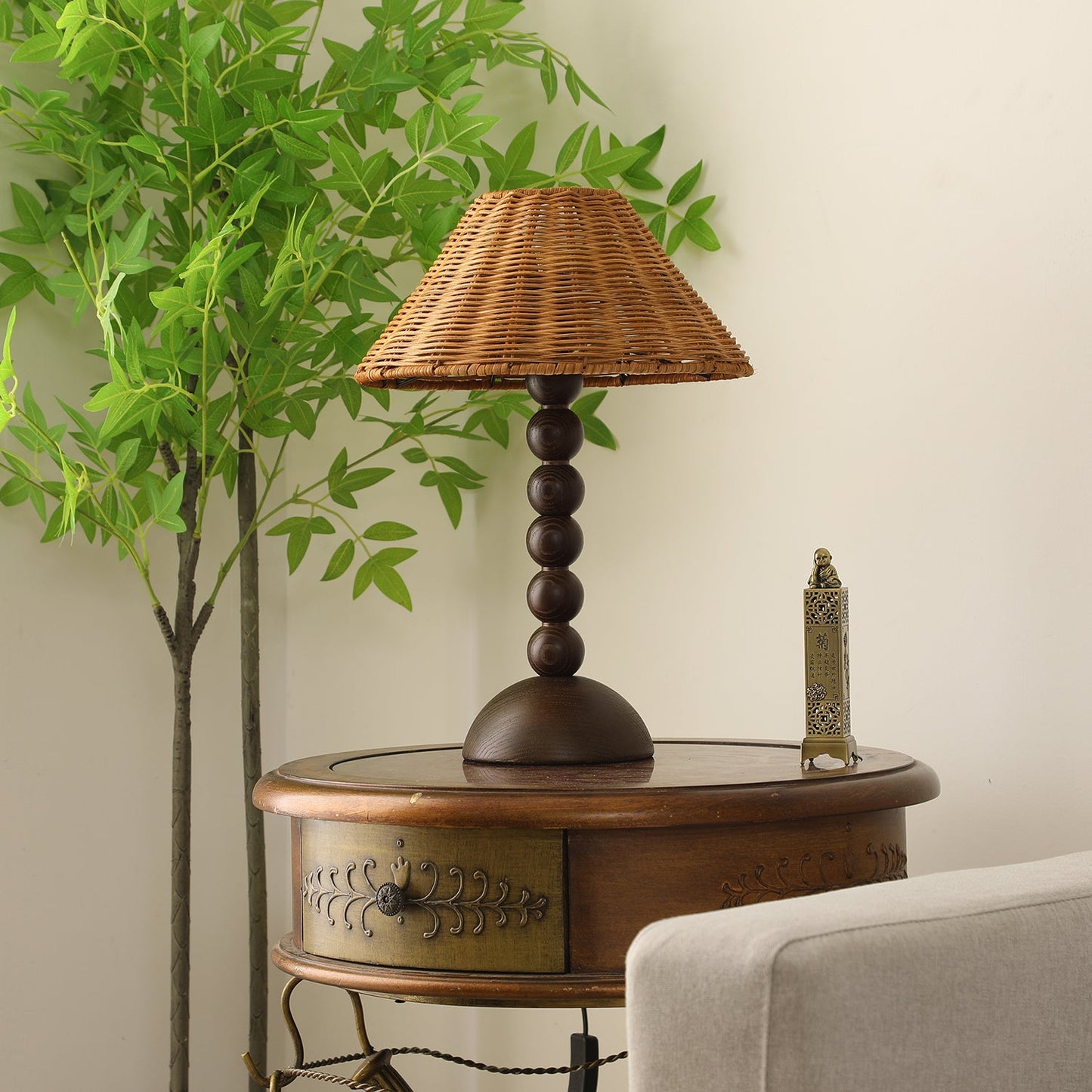Emily Charm Table Lamp | Brown Wood Base | Woven Shade