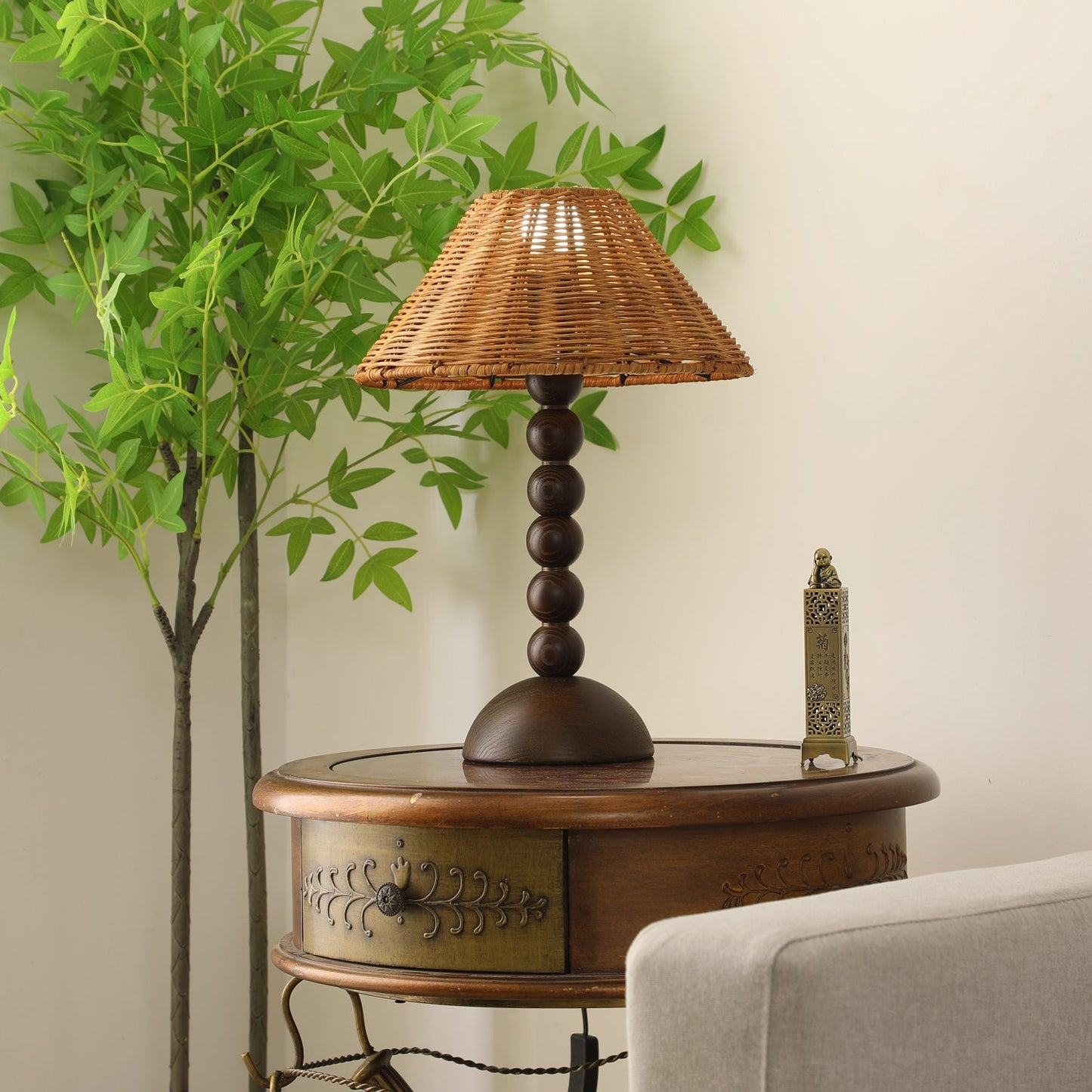 Emily Charm Table Lamp | Brown Wood Base | Woven Shade