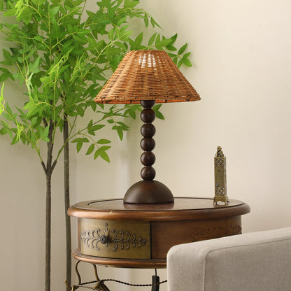 Emily Charm Table Lamp | Brown Wood Base | Woven Shade