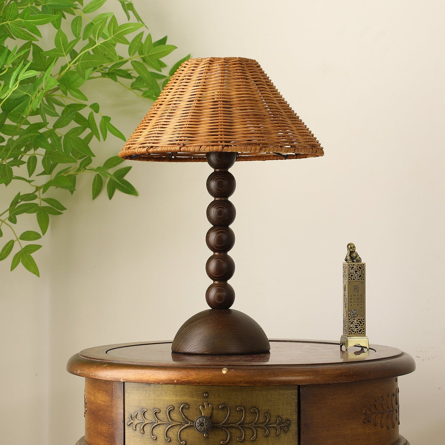 Emily Charm Table Lamp | Brown Wood Base | Woven Shade