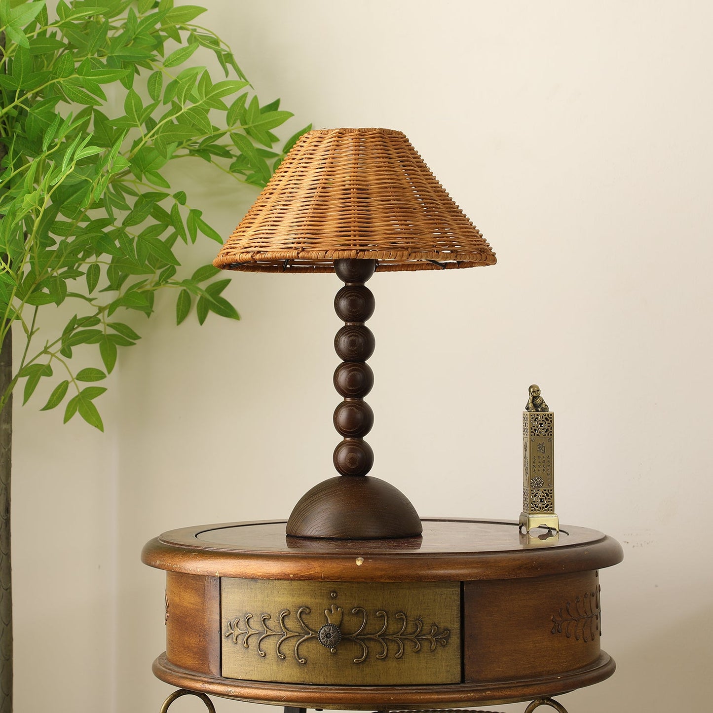 Emily Charm Table Lamp | Brown Wood Base | Woven Shade
