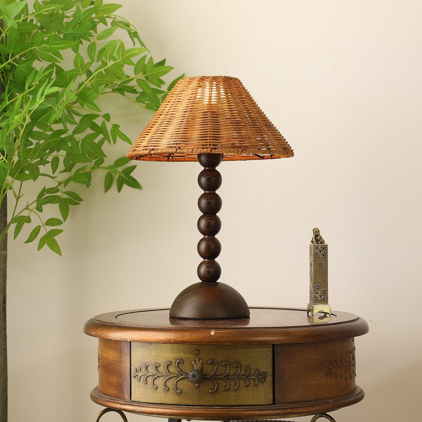 Emily Charm Table Lamp | Brown Wood Base | Woven Shade