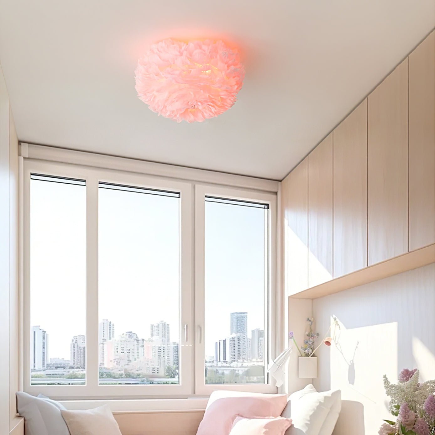 Feathered Ceiling Lamp | Goose Feather | White, Pink