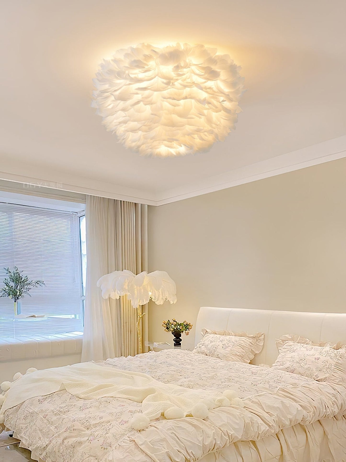 Feathered Ceiling Lamp | Goose Feather | White, Pink