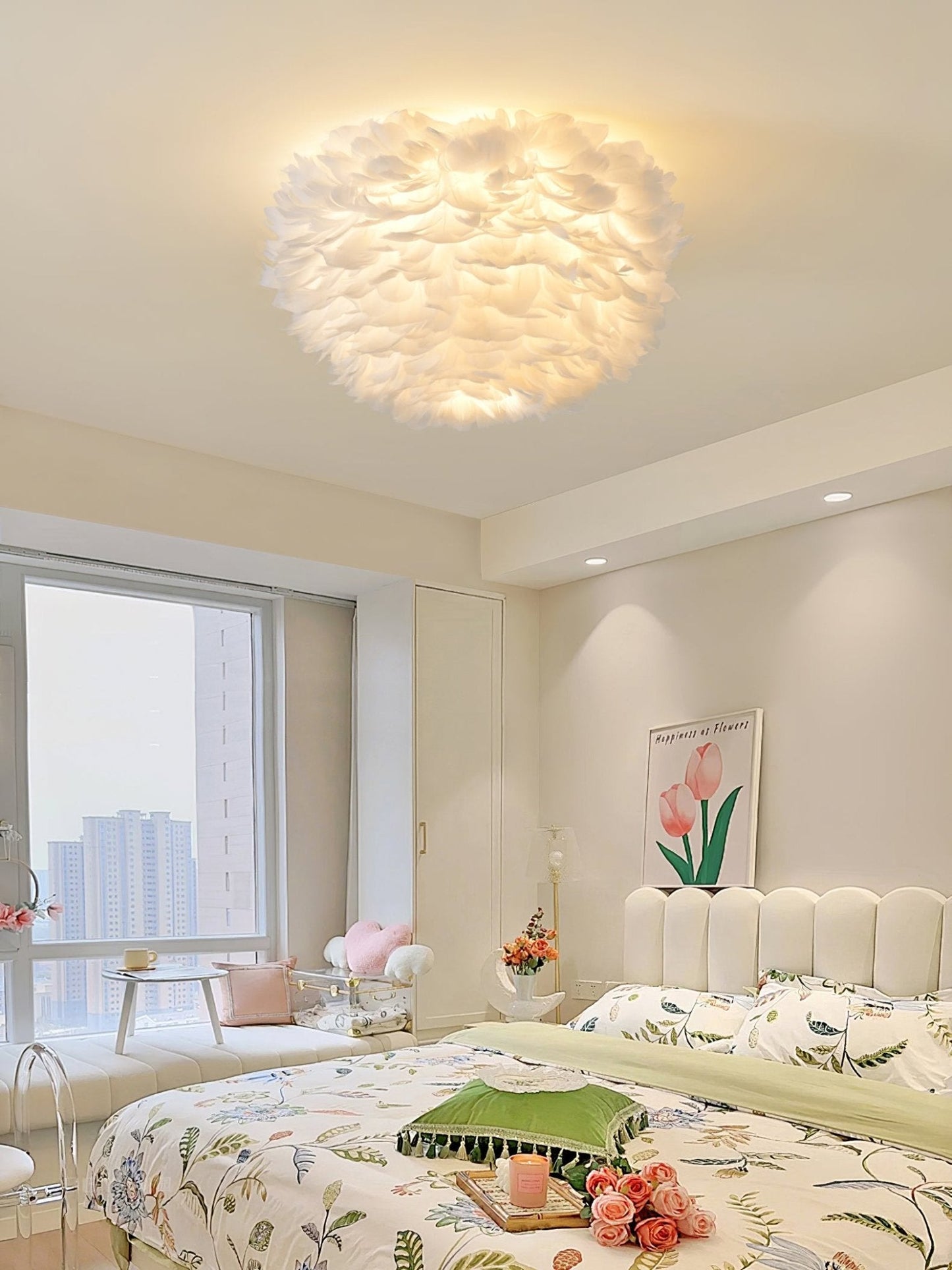 Feathered Ceiling Lamp | Goose Feather | White, Pink
