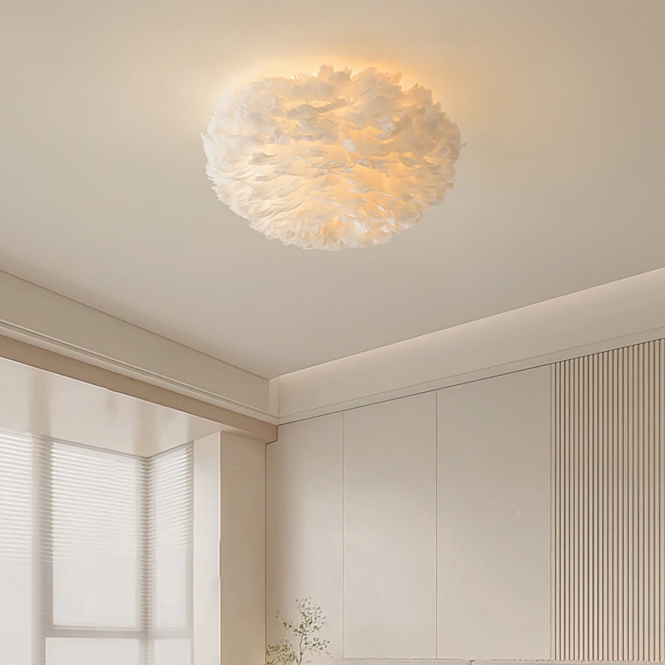 Feathered Ceiling Lamp | Goose Feather | White, Pink