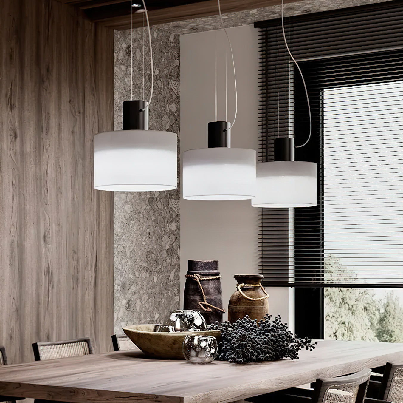 Estiluz Cyls Pendant Light | Black & Beige Metal | 32cm Diameter
