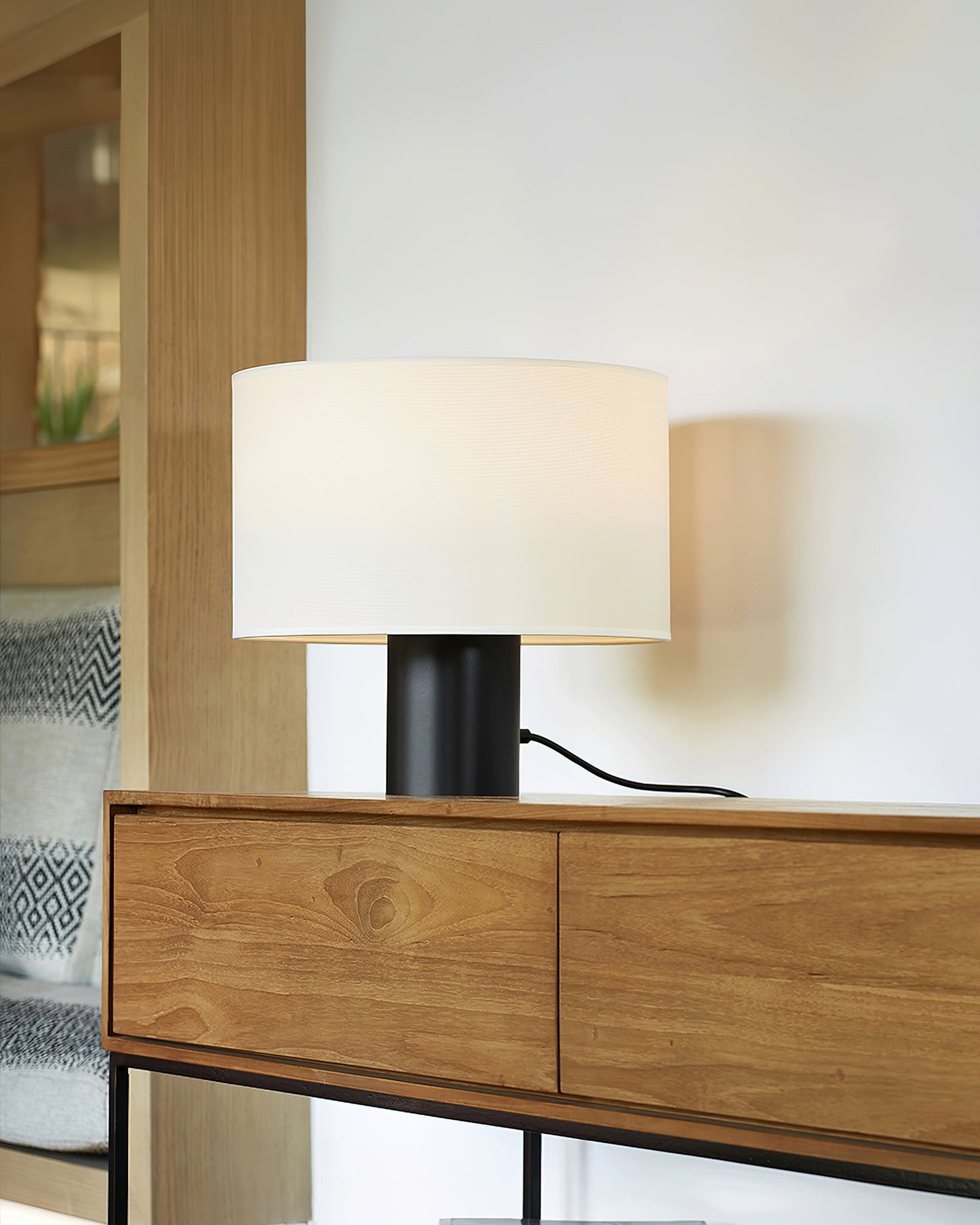 Table Lamp | Black Metal & White Fabric Shade | 32cm Diameter