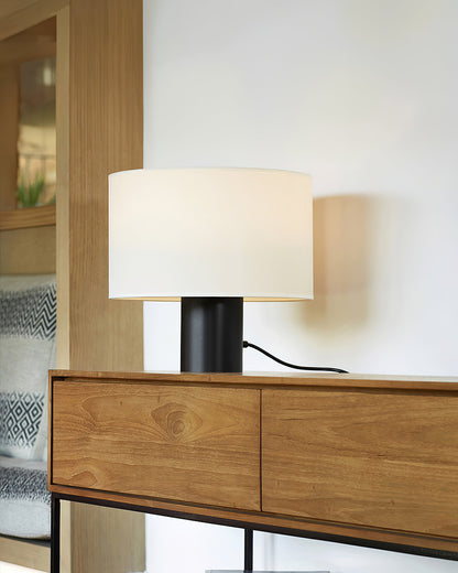 Table Lamp | Black Metal & White Fabric Shade | 32cm Diameter