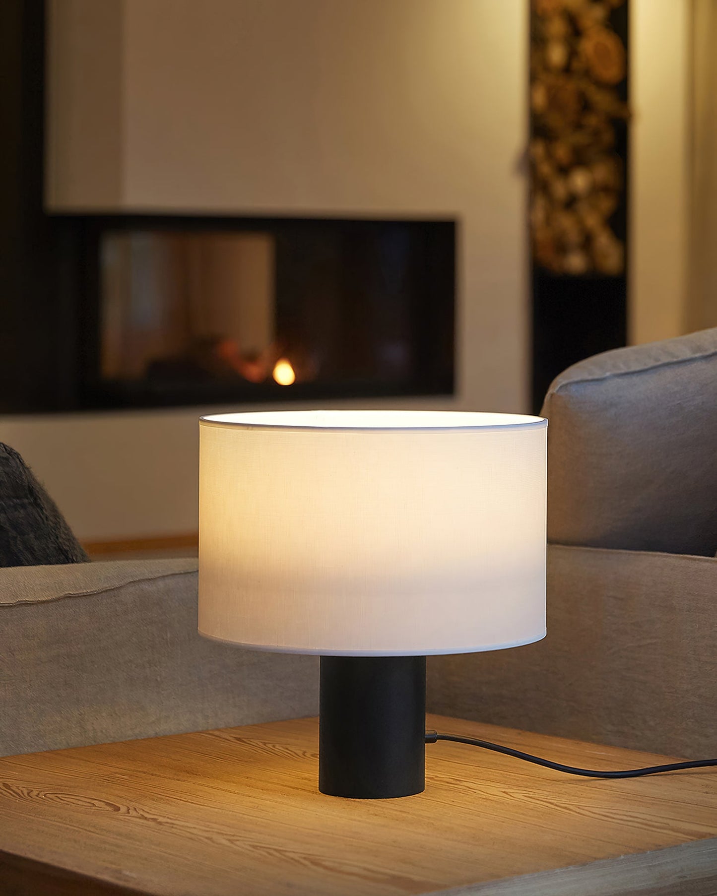 Table Lamp | Black Metal & White Fabric Shade | 32cm Diameter