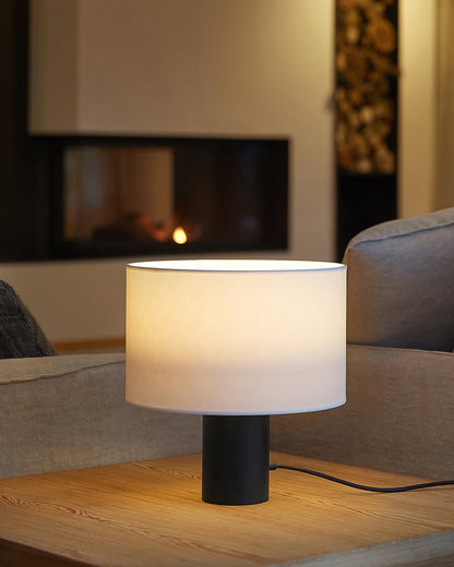 Table Lamp | Black Metal & White Fabric Shade | 32cm Diameter
