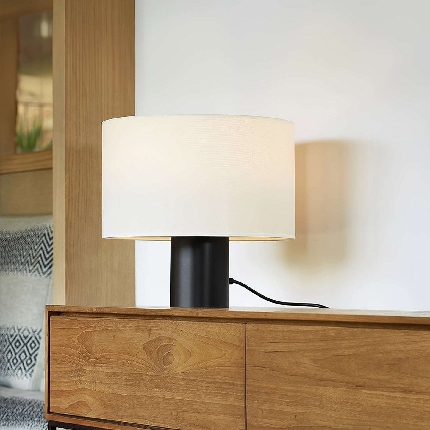Table Lamp | Black Metal & White Fabric Shade | 32cm Diameter