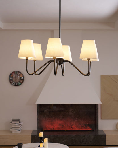 Chandelier | Brass Frame & Fabric Shades | Black, 6 Lights