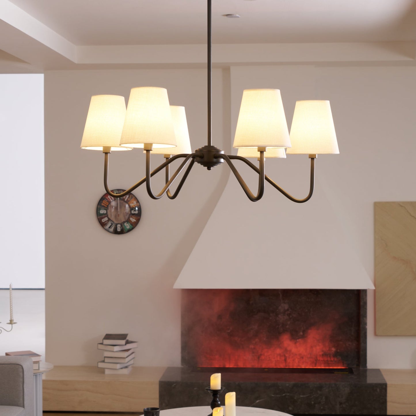 Chandelier | Brass Frame & Fabric Shades | Black, 6 Lights