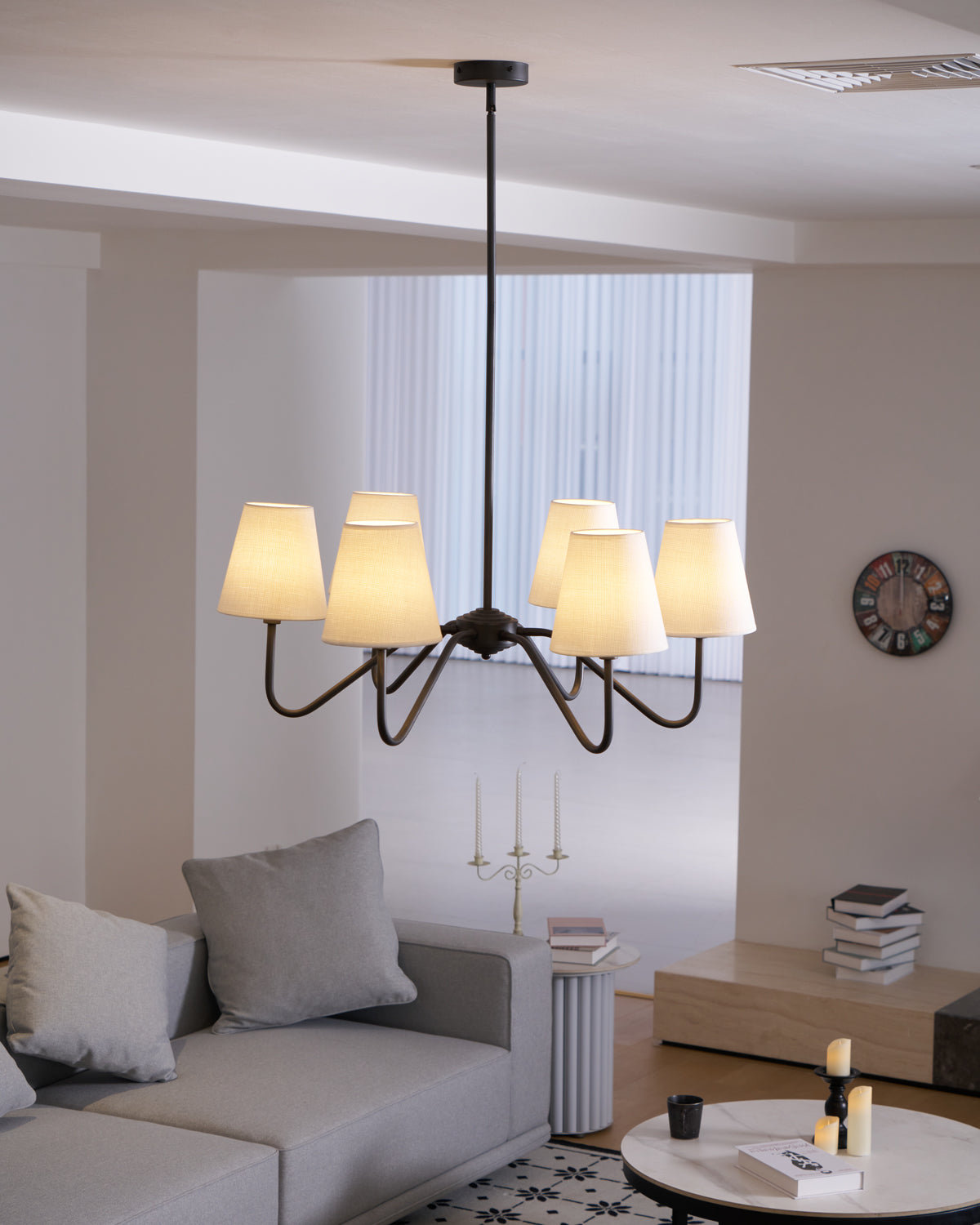 Chandelier | Brass Frame & Fabric Shades | Black, 6 Lights