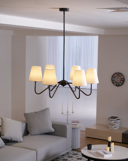 Chandelier | Brass Frame & Fabric Shades | Black, 6 Lights