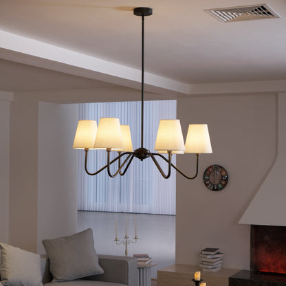 Chandelier | Brass Frame & Fabric Shades | Black, 6 Lights