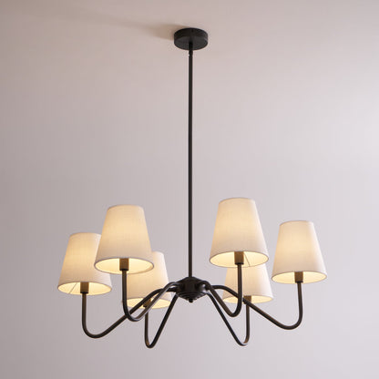Chandelier | Brass Frame & Fabric Shades | Black, 6 Lights