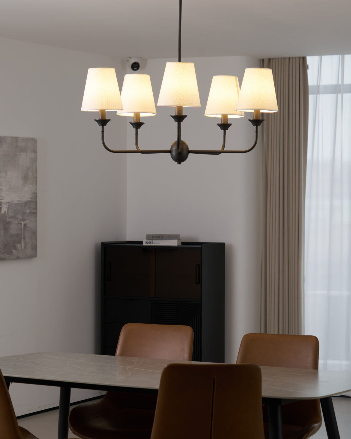 Euphora Chandelier | Brass & Fabric | Black and White | 5 Lights