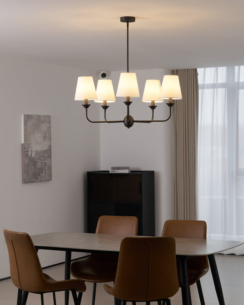 Euphora Chandelier | Brass & Fabric | Black and White | 5 Lights