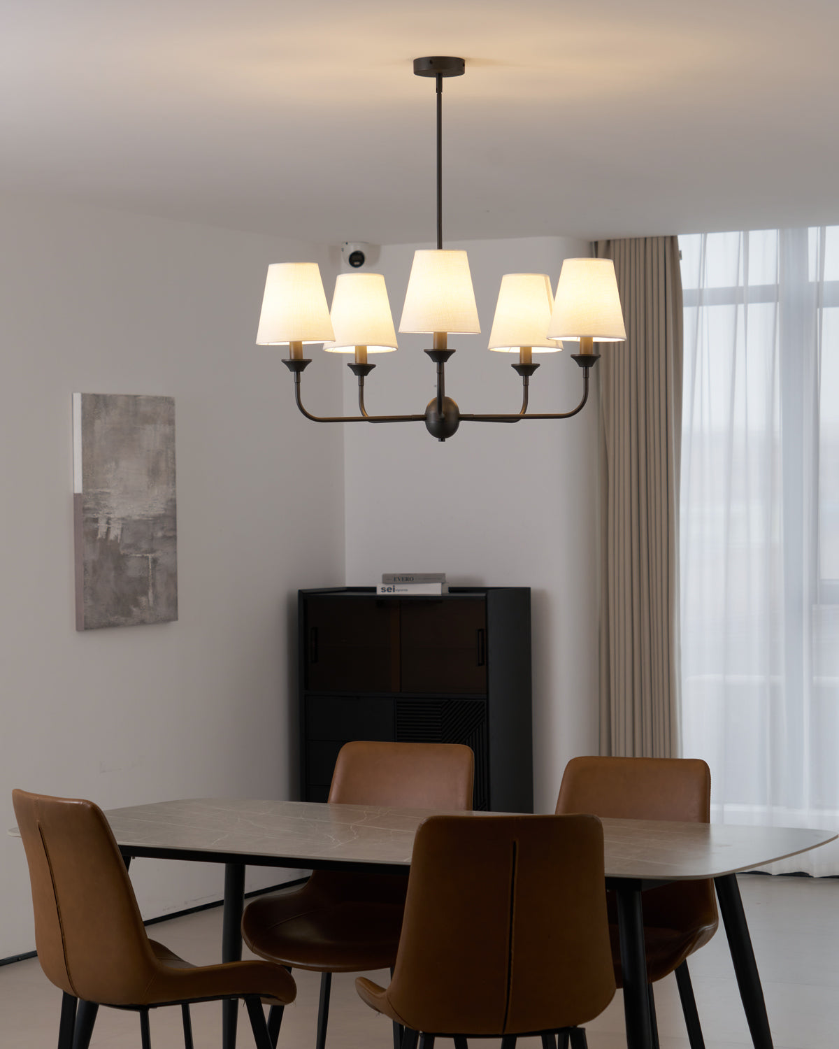 Euphora Chandelier | Brass & Fabric | Black and White | 5 Lights