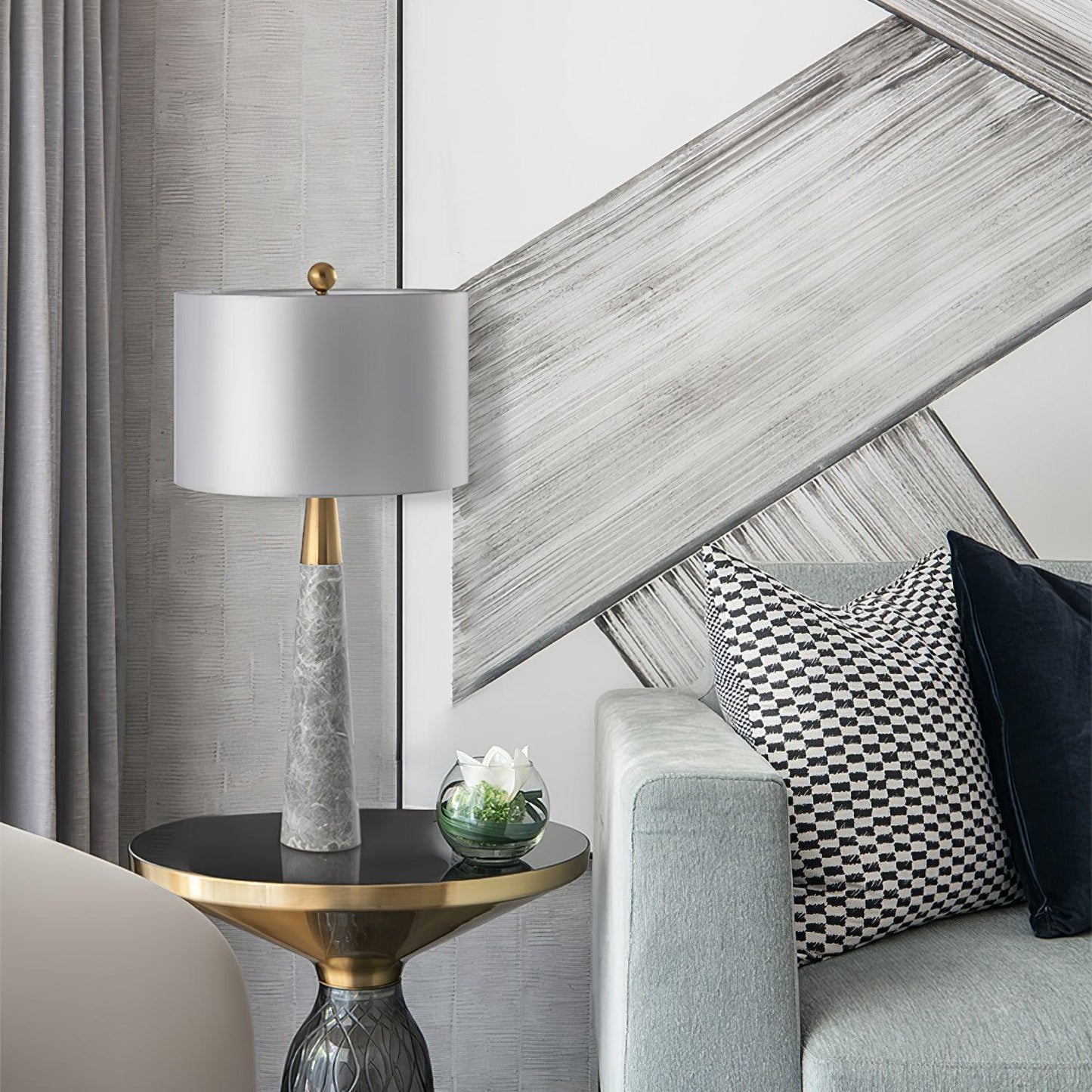 Expino Table Lamp | Metal, Marble & Fabric | Grey Shade