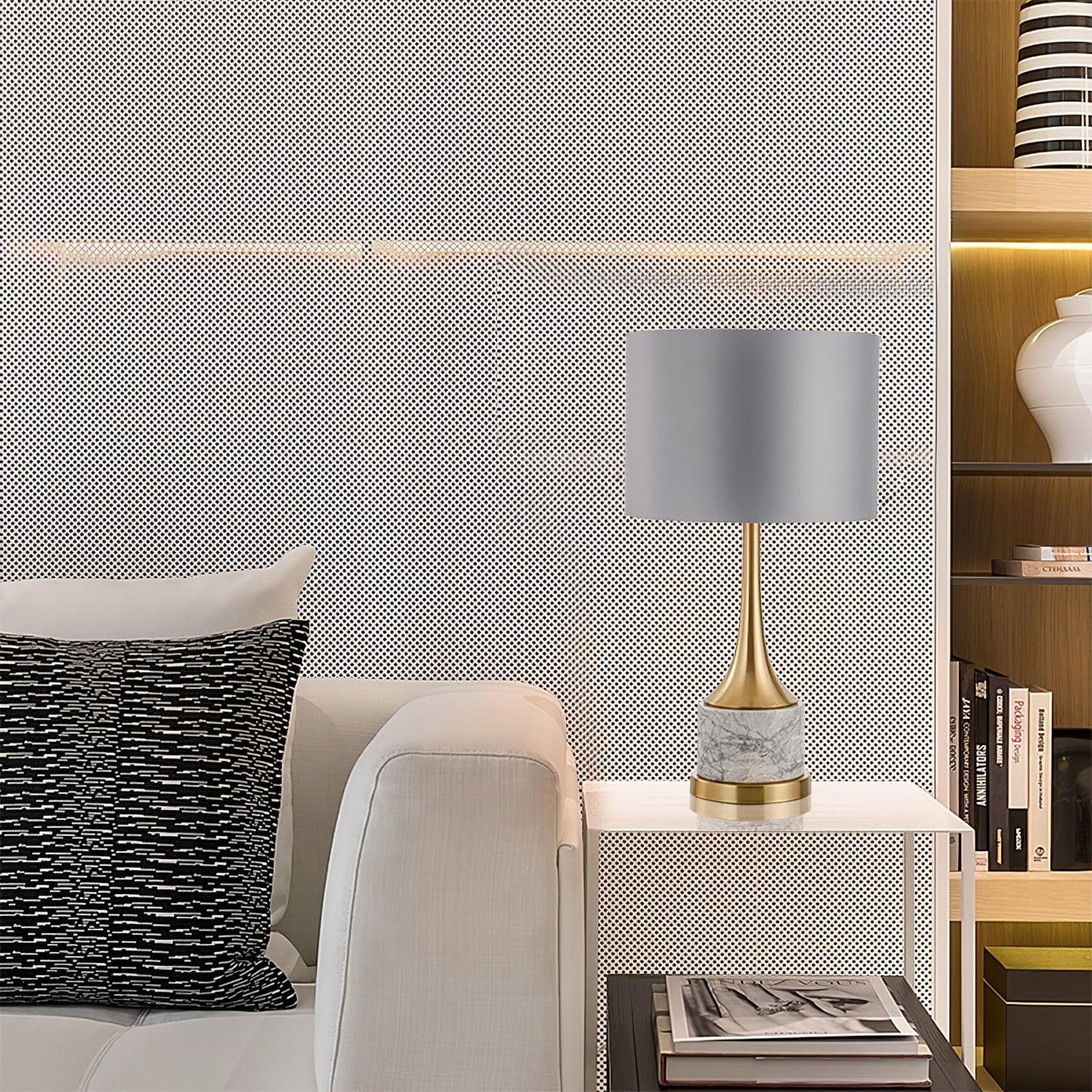 Expino Table Lamp | Metal, Marble & Fabric | Grey Shade