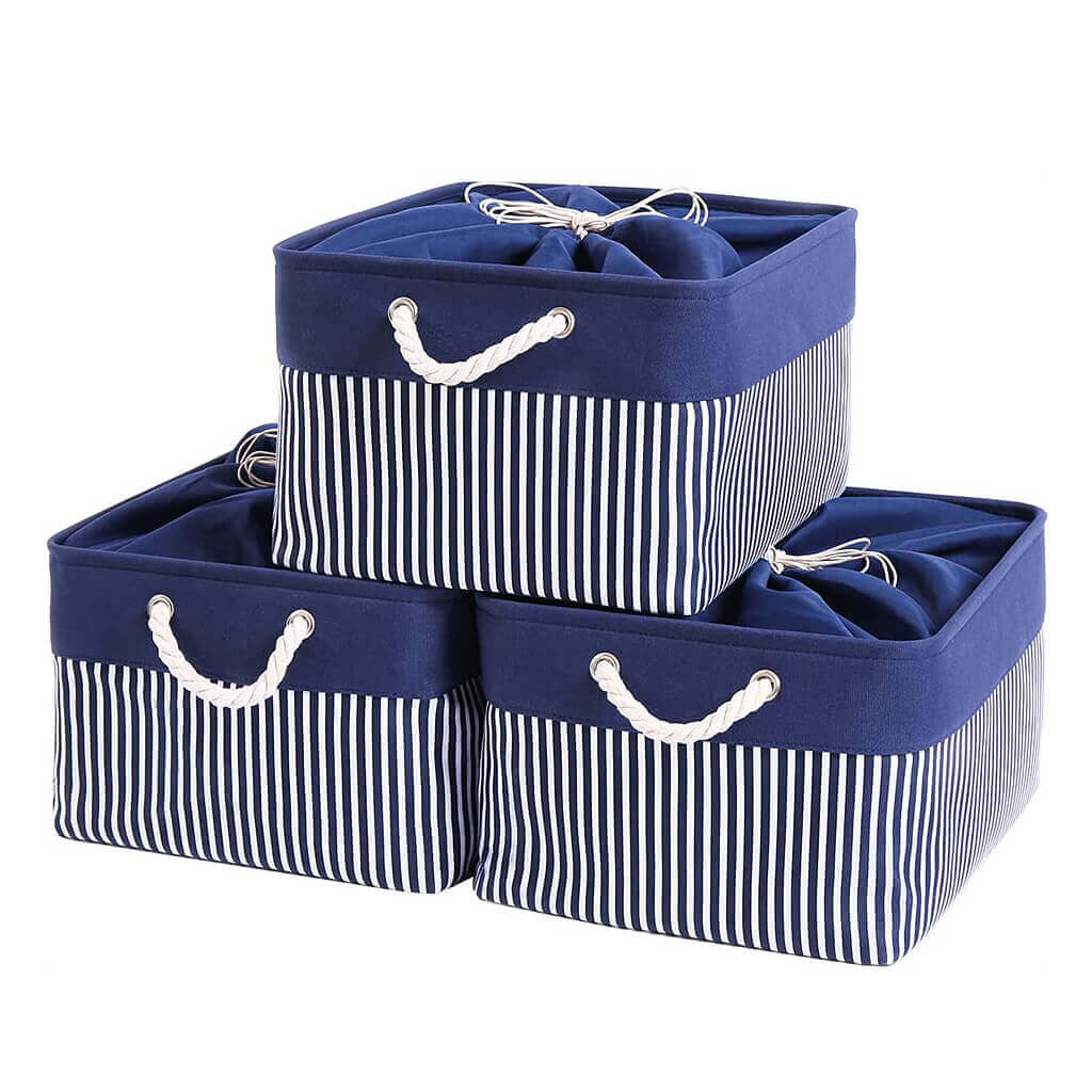 Washable Fabric Storage Baskets | Canvas with Cotton Rope Handles | Blue/White Stripes