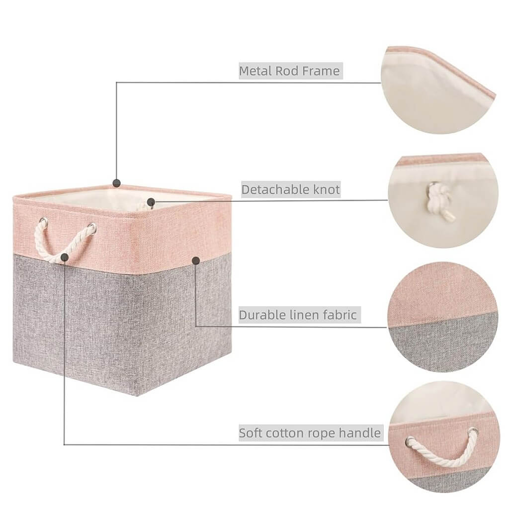 Foldable Fabric Storage Baskets | Durable Canvas & EVA | Grey and Pink