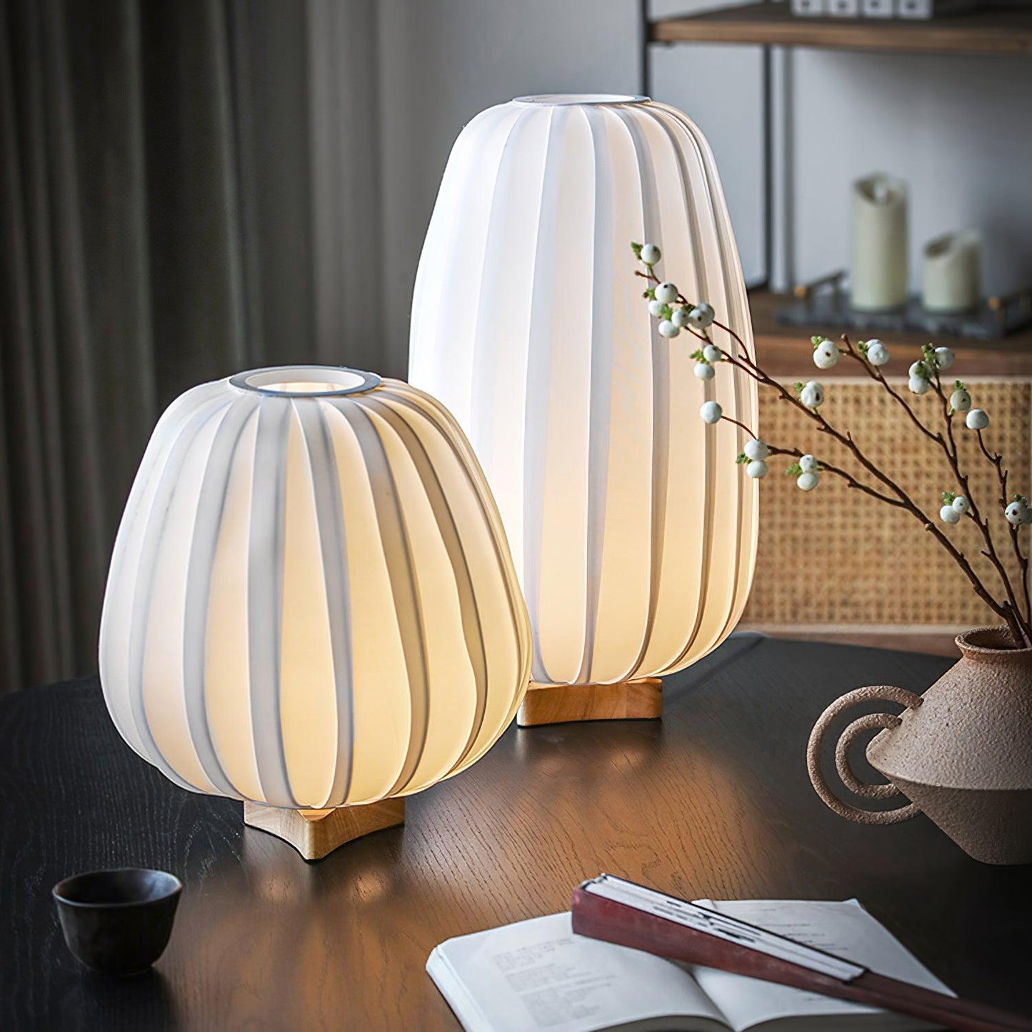 Minimalist Table Lamp | Wood & Fabric | White Shade, 30cm