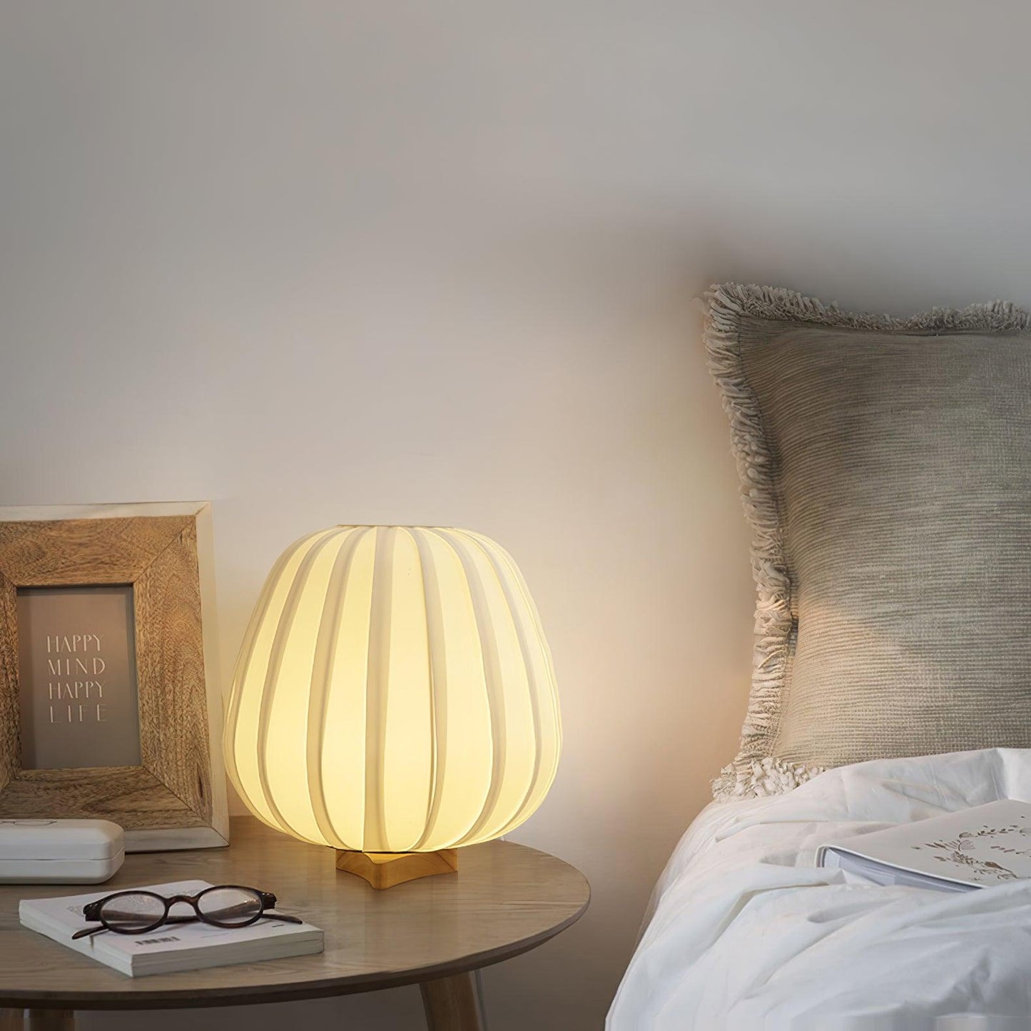 Minimalist Table Lamp | Wood & Fabric | White Shade, 30cm