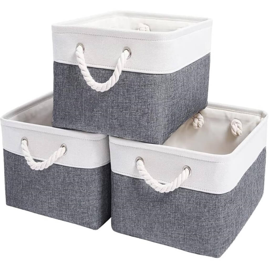 Foldable Canvas Storage Baskets | Linen & Cotton | Cold Grey and White