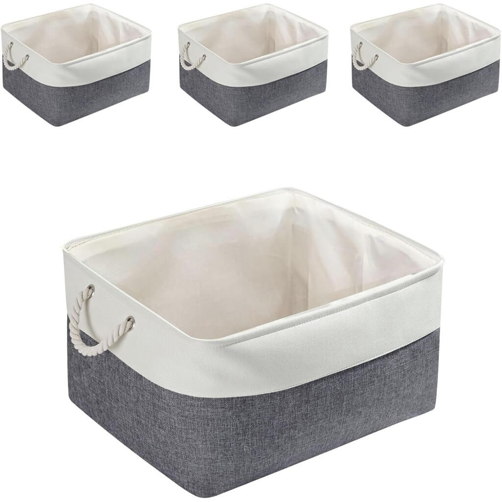 Foldable Canvas Storage Baskets | Linen & Cotton | Cold Grey and White
