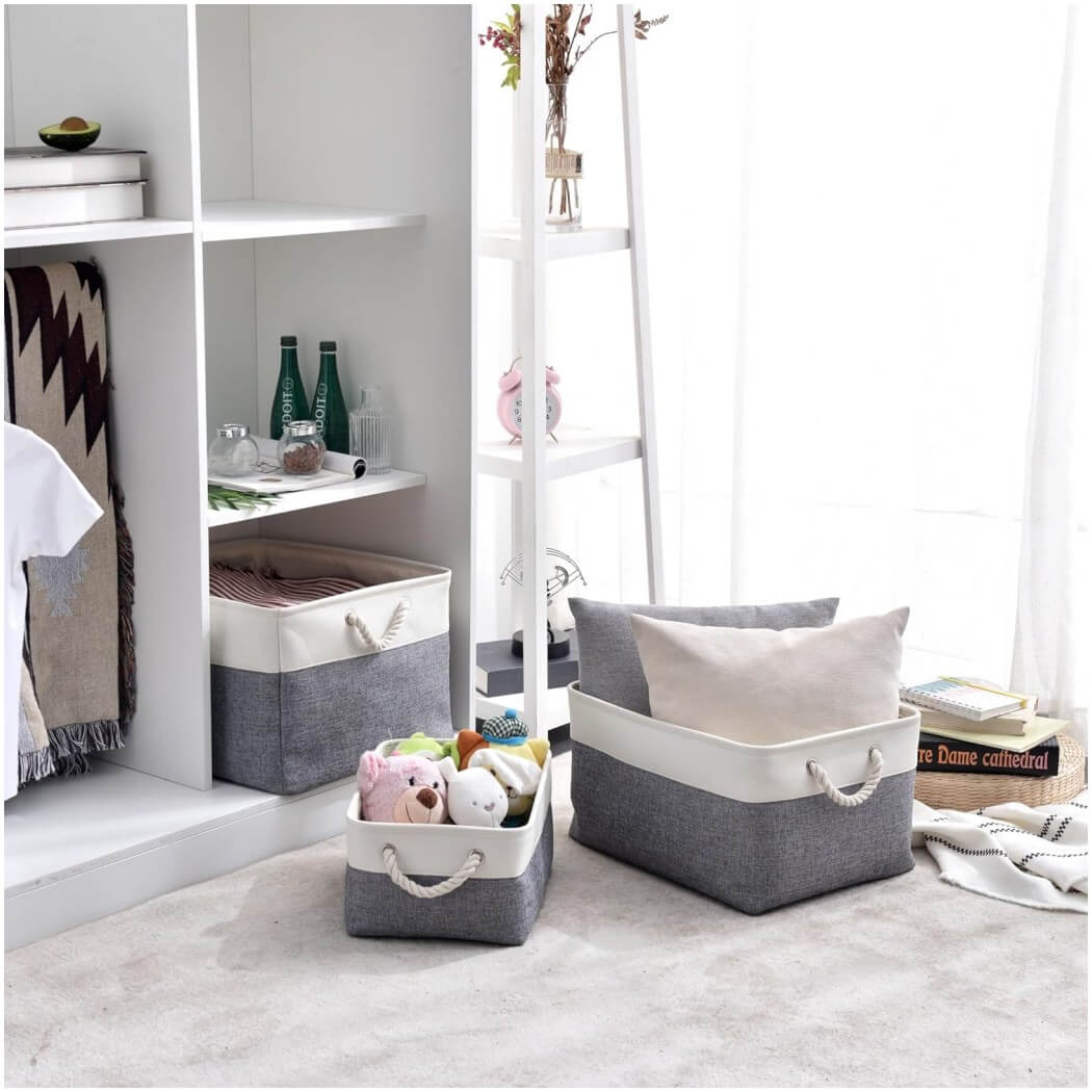 Foldable Canvas Storage Baskets | Linen & Cotton | Cold Grey and White