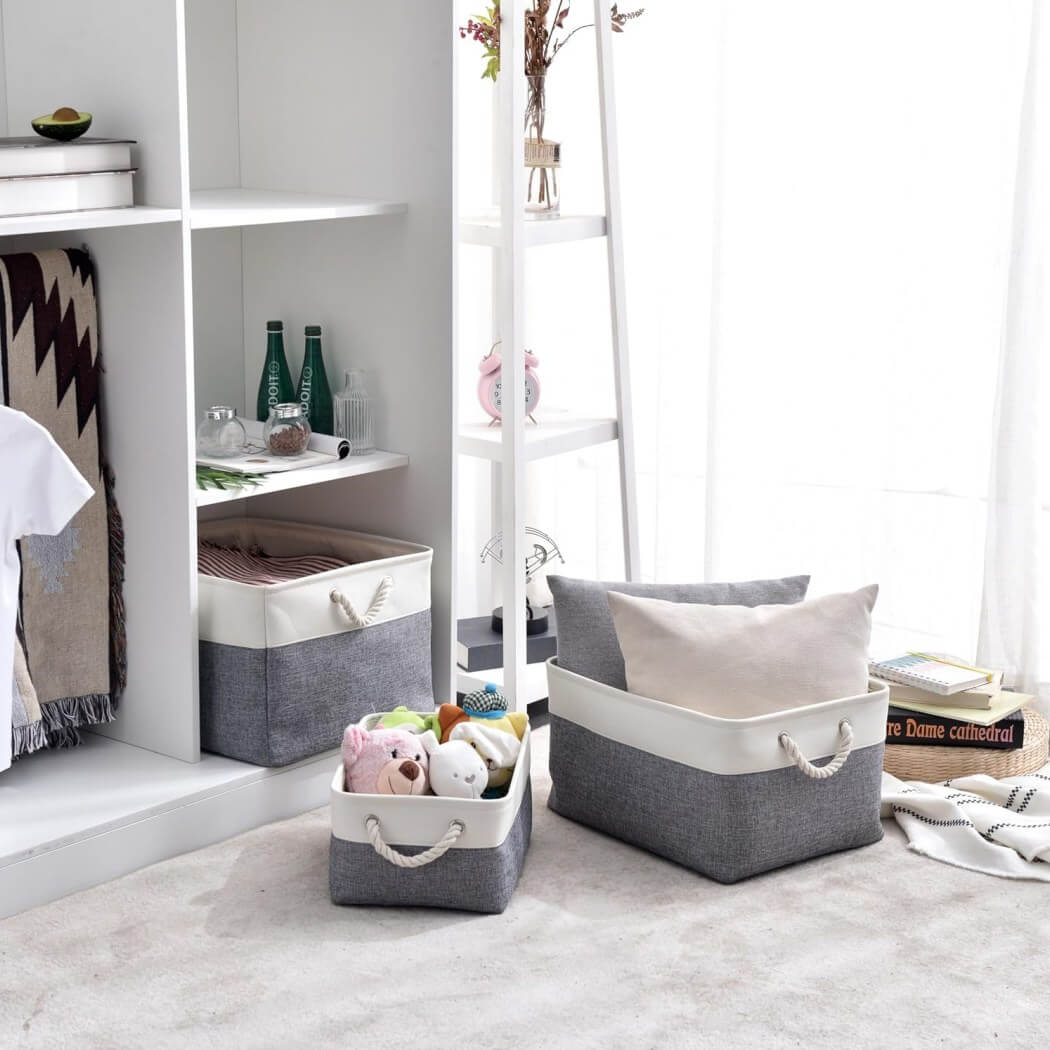 Foldable Canvas Storage Baskets | Linen & Cotton | Cold Grey and White