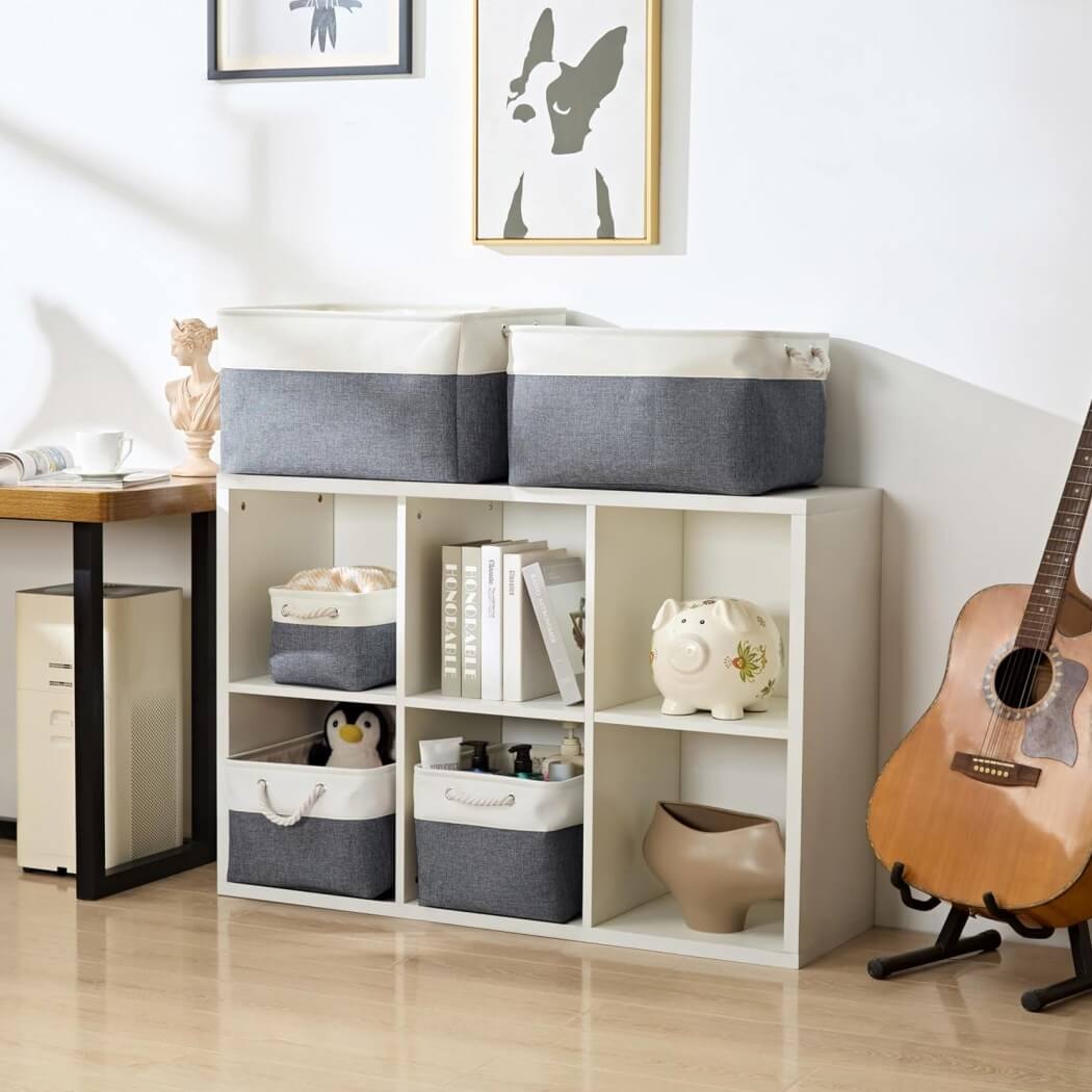 Foldable Canvas Storage Baskets | Linen & Cotton | Cold Grey and White