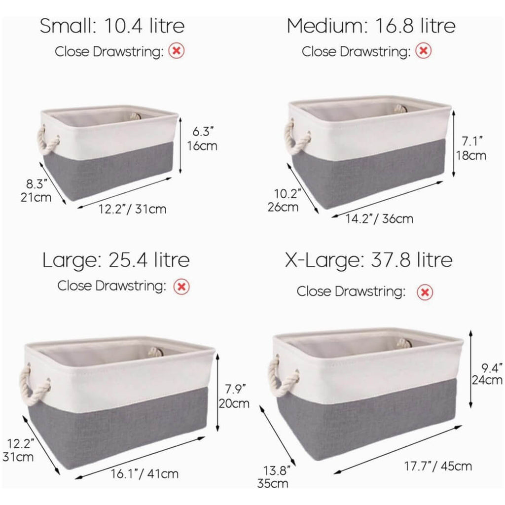 Foldable Canvas Storage Baskets | Linen & Cotton | Cold Grey and White
