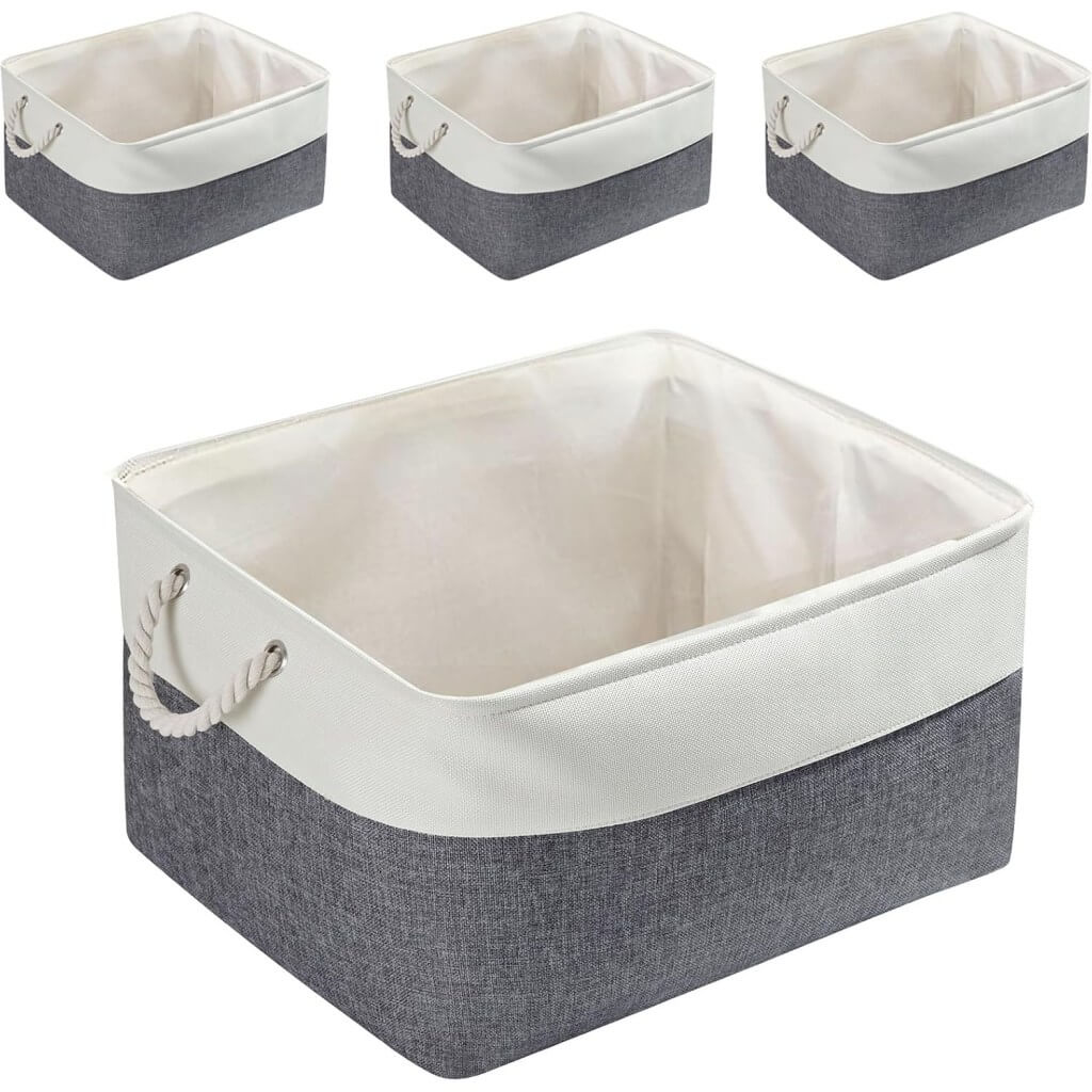 Foldable Canvas Storage Baskets | Linen & Cotton | Cold Grey and White
