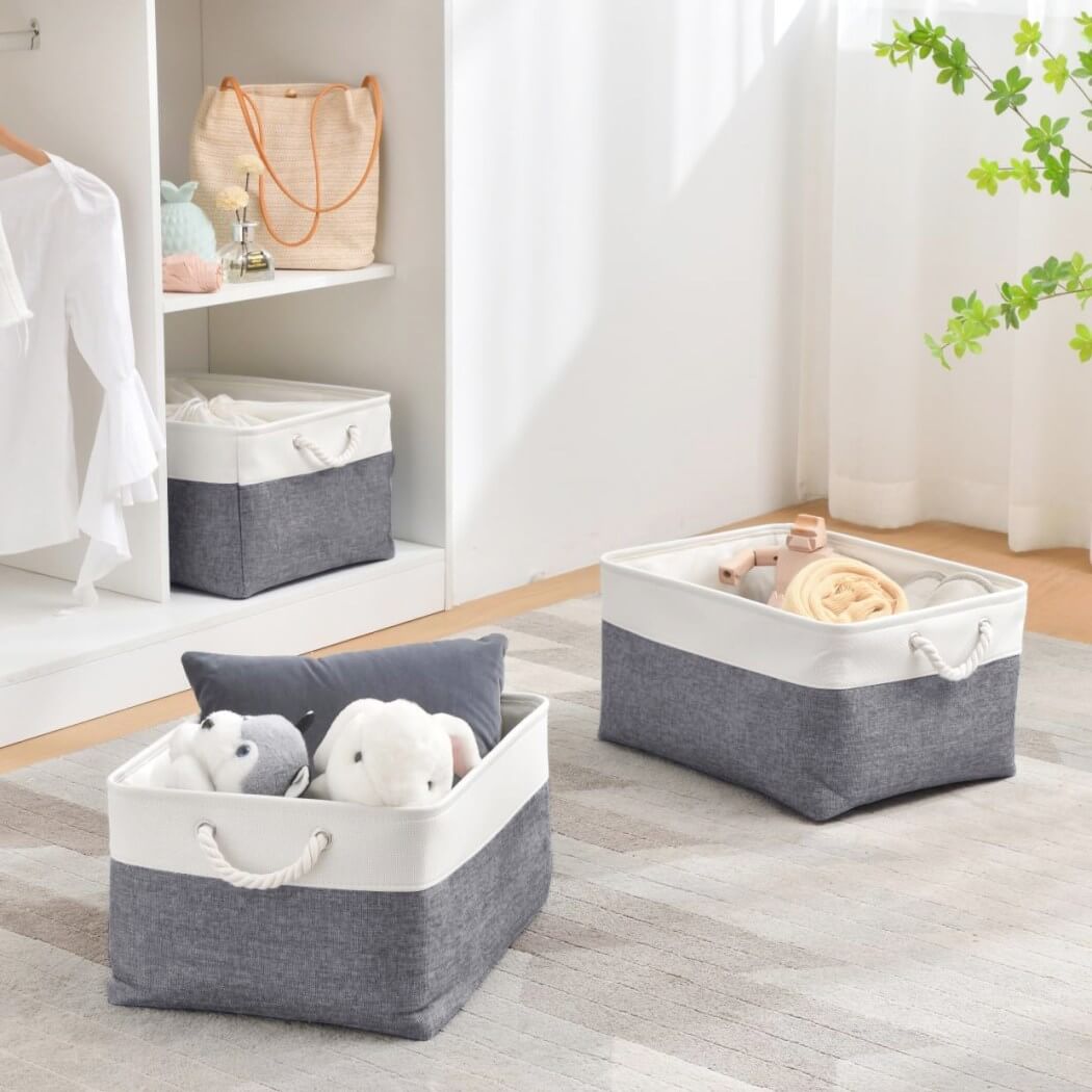 Fabric Storage Baskets | Linen Hemp Cotton Blend | Set of 4 Cold Blue Grey & White