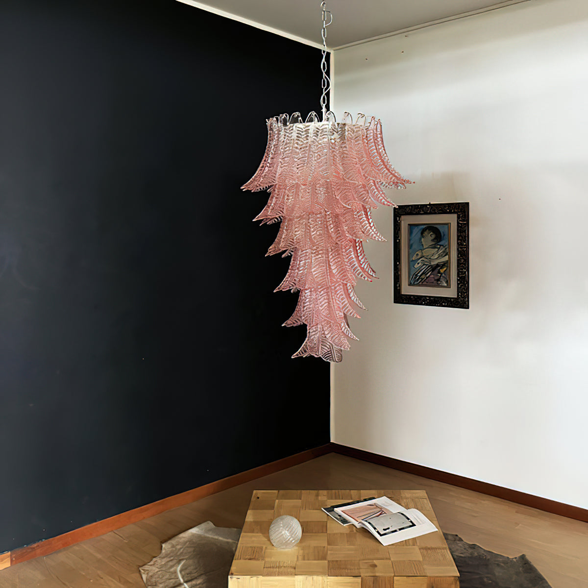Murano Glass Chandelier | Handcrafted Pink Feather Design | 70cm Diameter