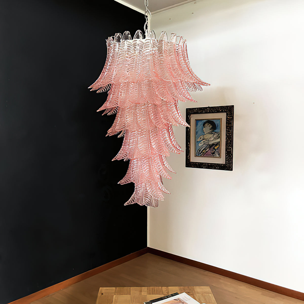 Murano Glass Chandelier | Handcrafted Pink Feather Design | 70cm Diameter