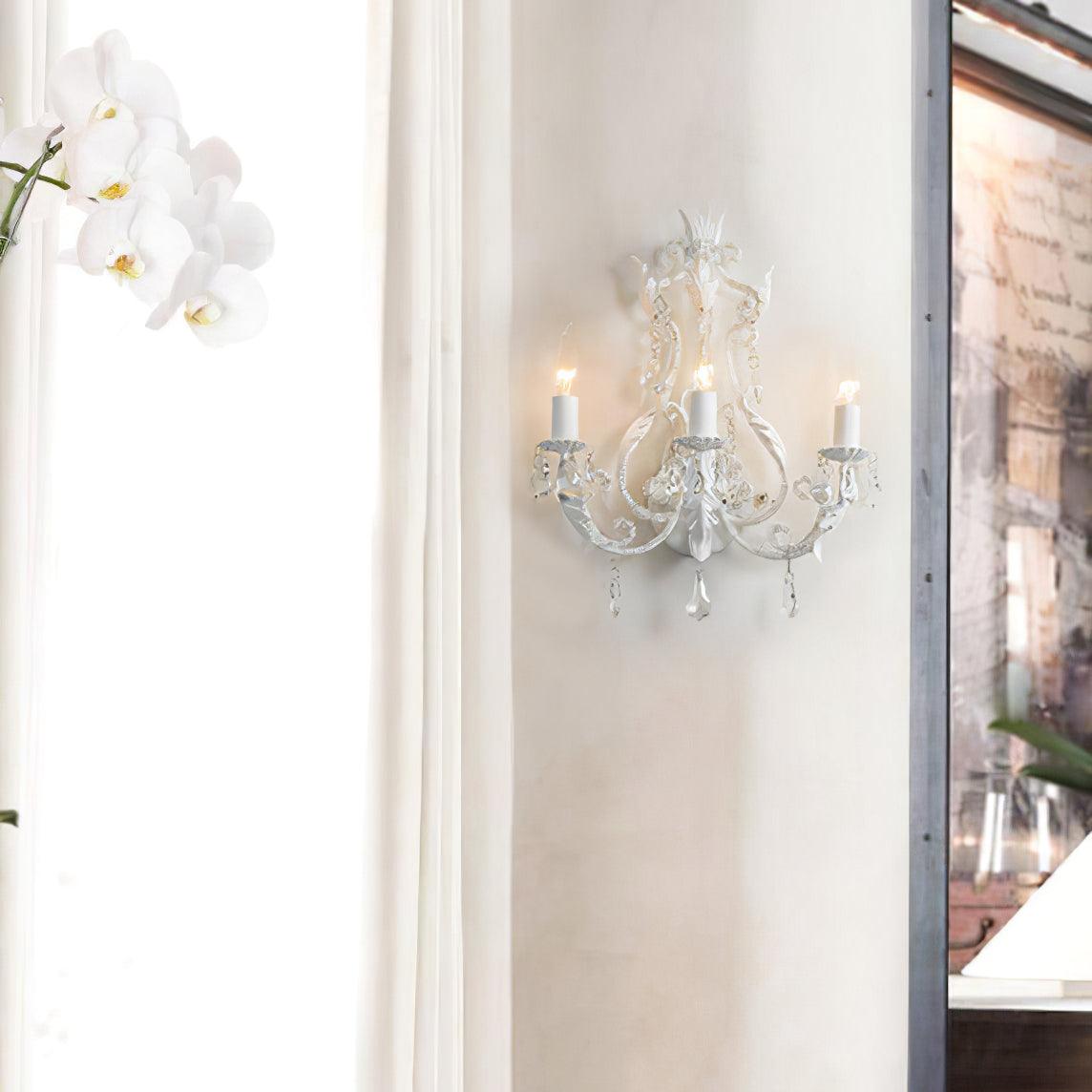 Candle Holder Wall Lamp | Metal, Iron, Crystal | Antique White