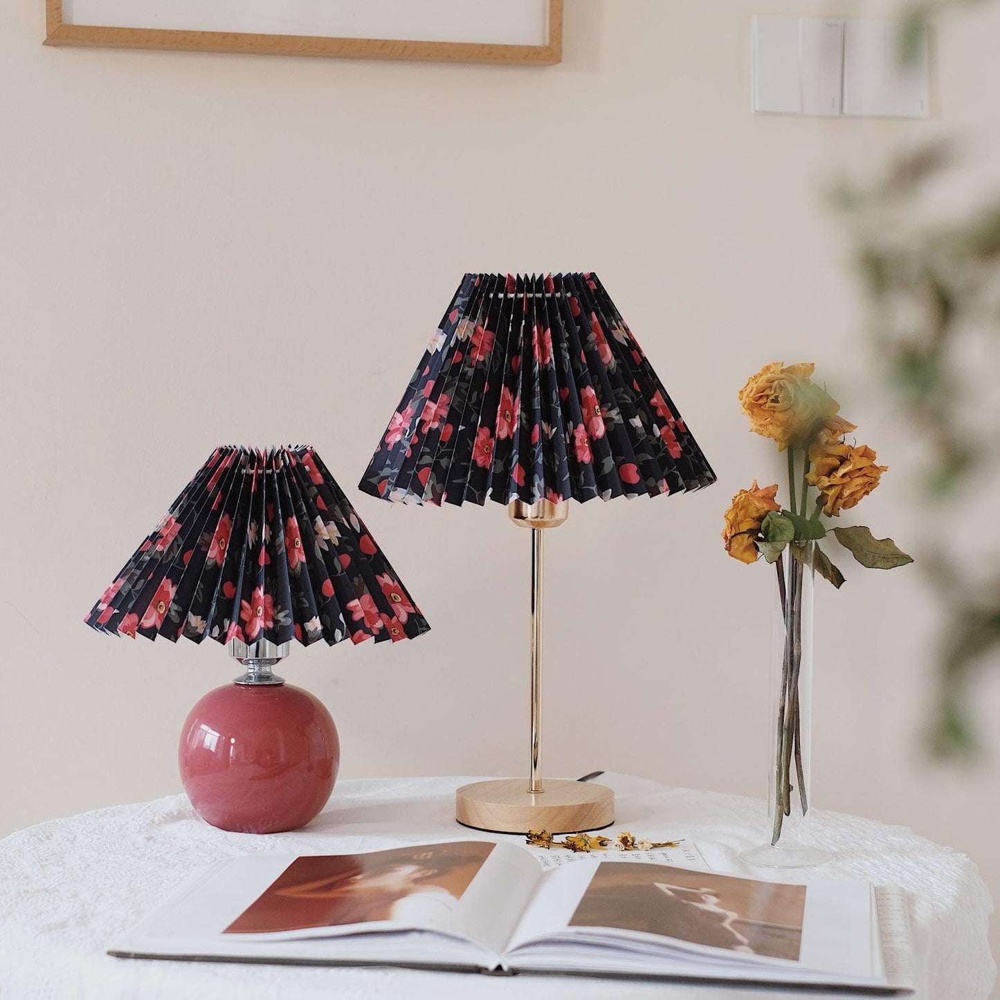 Flores Table Lamp | Fabric, Metal, Wood | Black Floral, White Floral