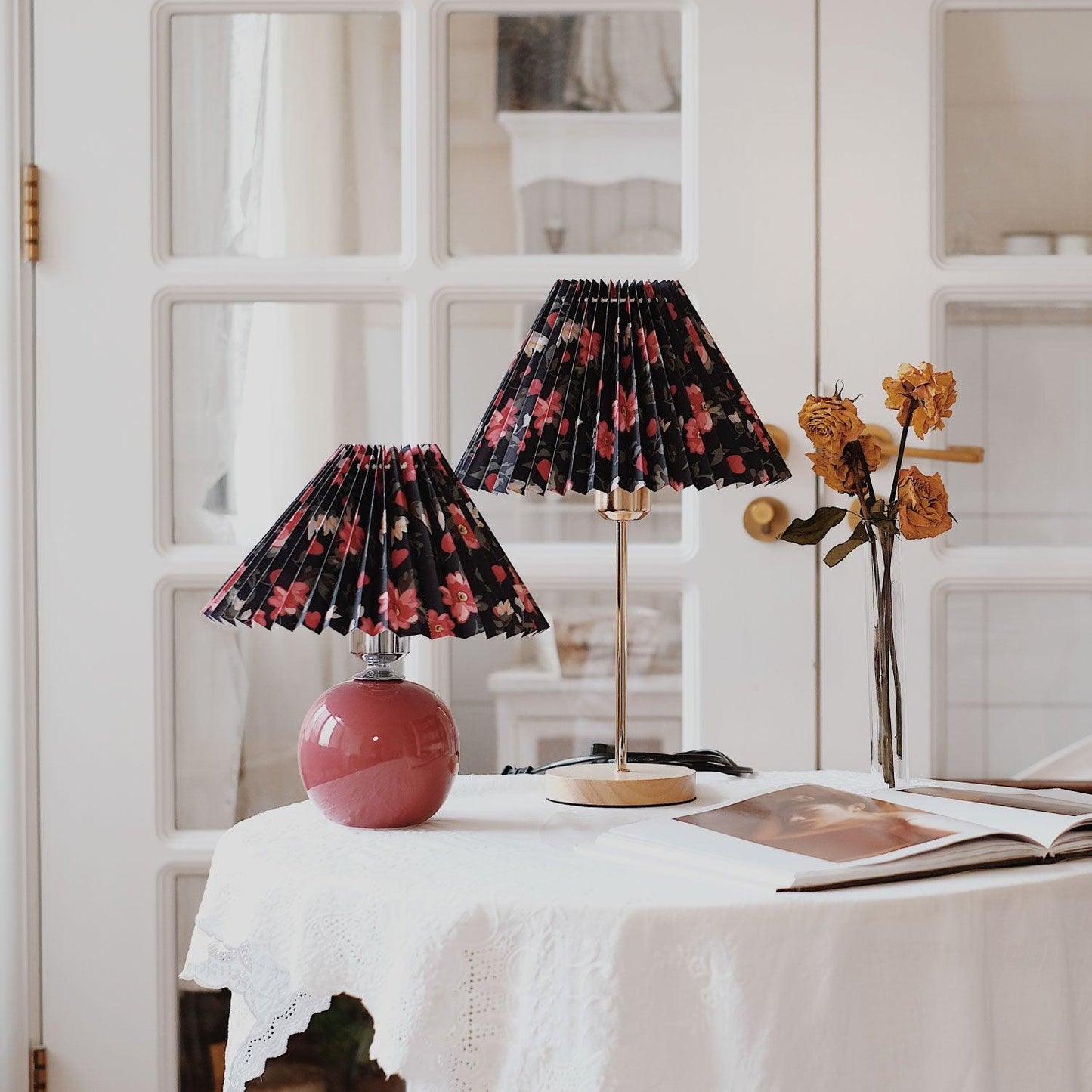 Flores Table Lamp | Fabric, Metal, Wood | Black Floral, White Floral