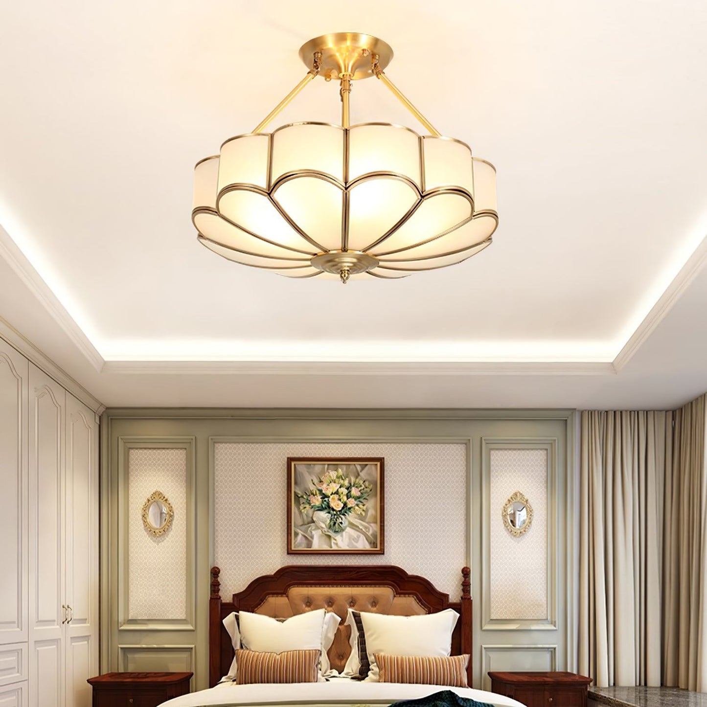 Flower Shape Ceiling Light | Frosted Glass & Brass | White Finish