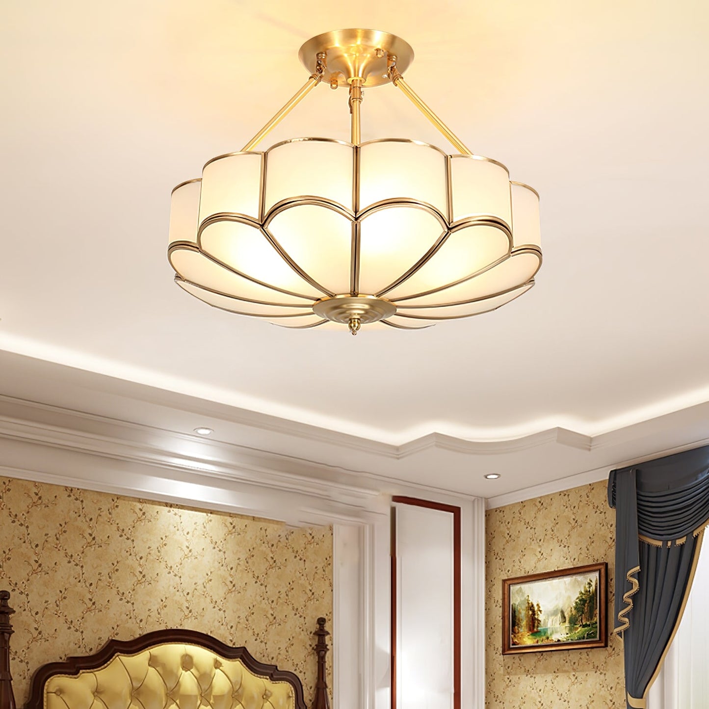 Flower Shape Ceiling Light | Frosted Glass & Brass | White Finish