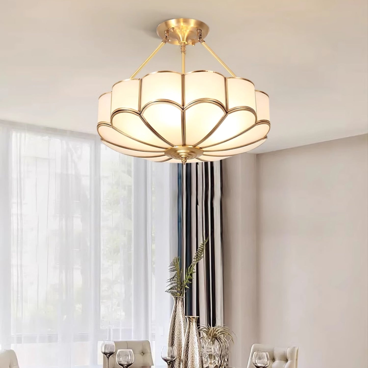 Flower Shape Ceiling Light | Frosted Glass & Brass | White Finish