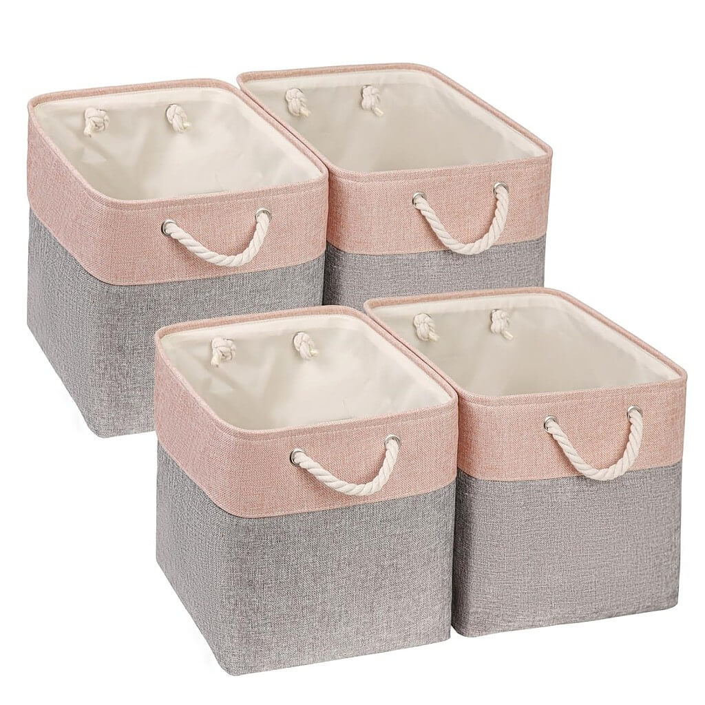 Foldable Fabric Storage Baskets | Durable Canvas & EVA | Grey and Pink