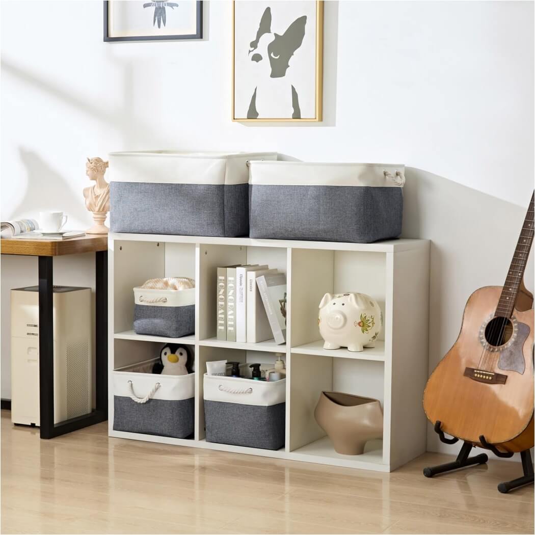 Foldable Canvas Storage Baskets | Linen & Cotton | Cold Grey and White