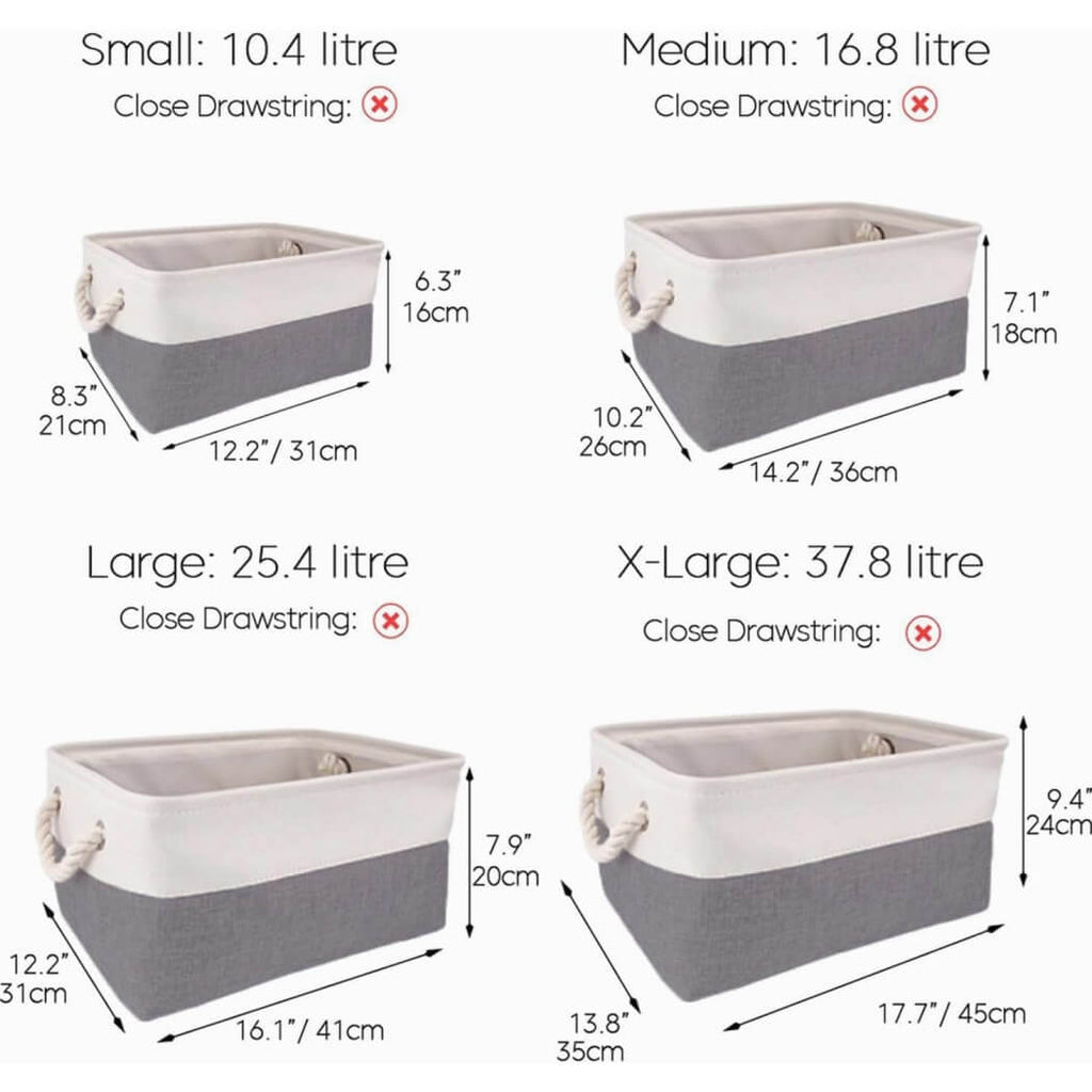Foldable Canvas Storage Baskets | Linen & Cotton | Cold Grey and White